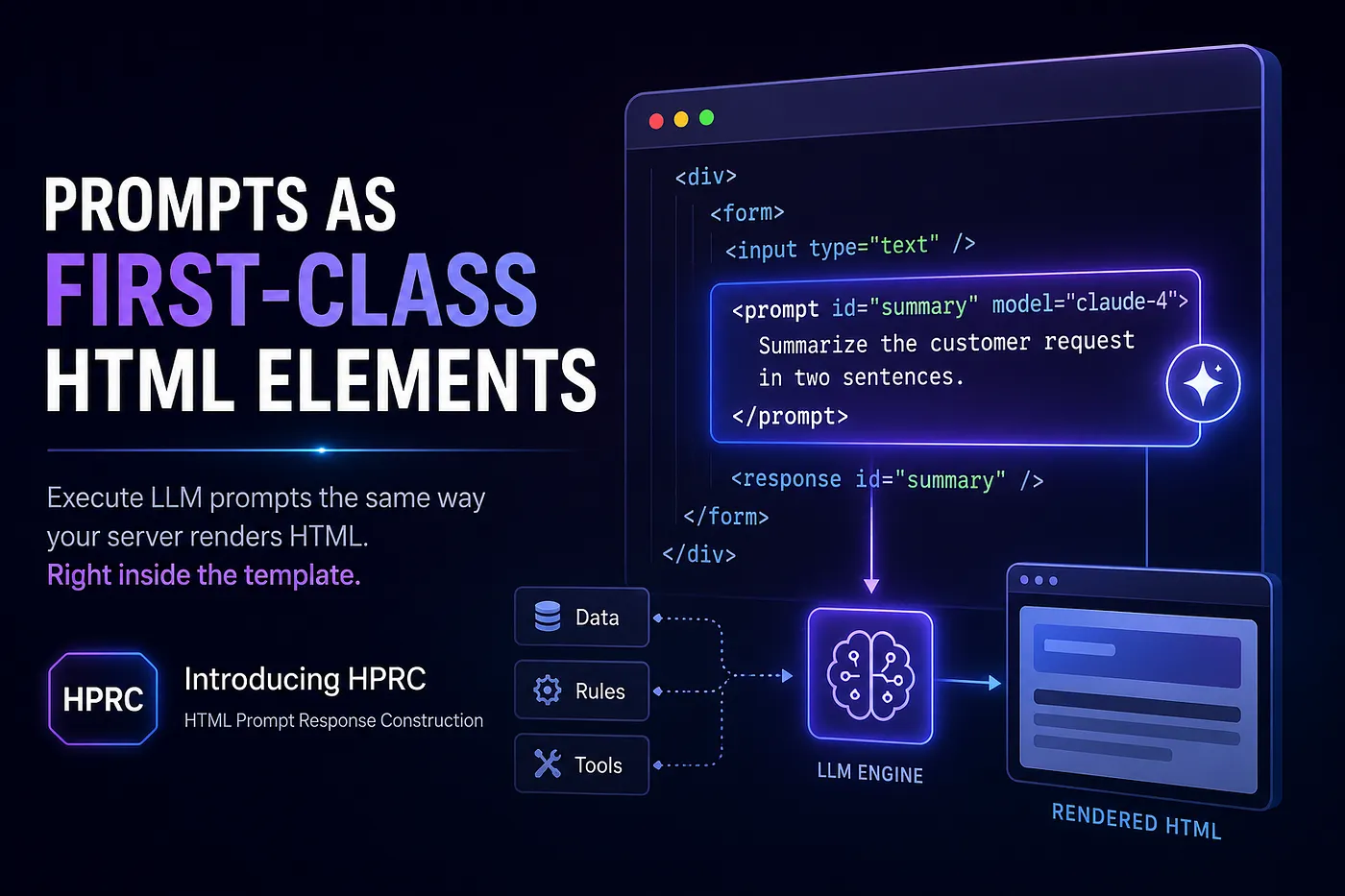HPRC — execute LLM prompts the same way your server renders HTML, right inside the template. Prompts as first-class HTML elements.